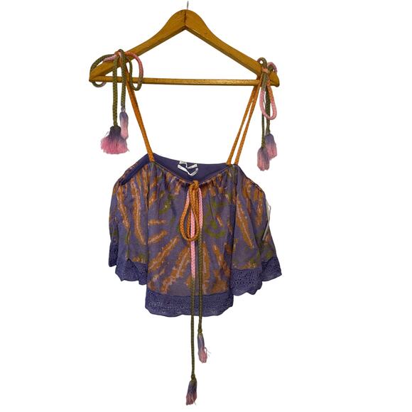 Anthropologie NWT Purple Flounce Knit Tassel Tie Strap Cropped Tank Top Sz Large - Picture 3 of 12